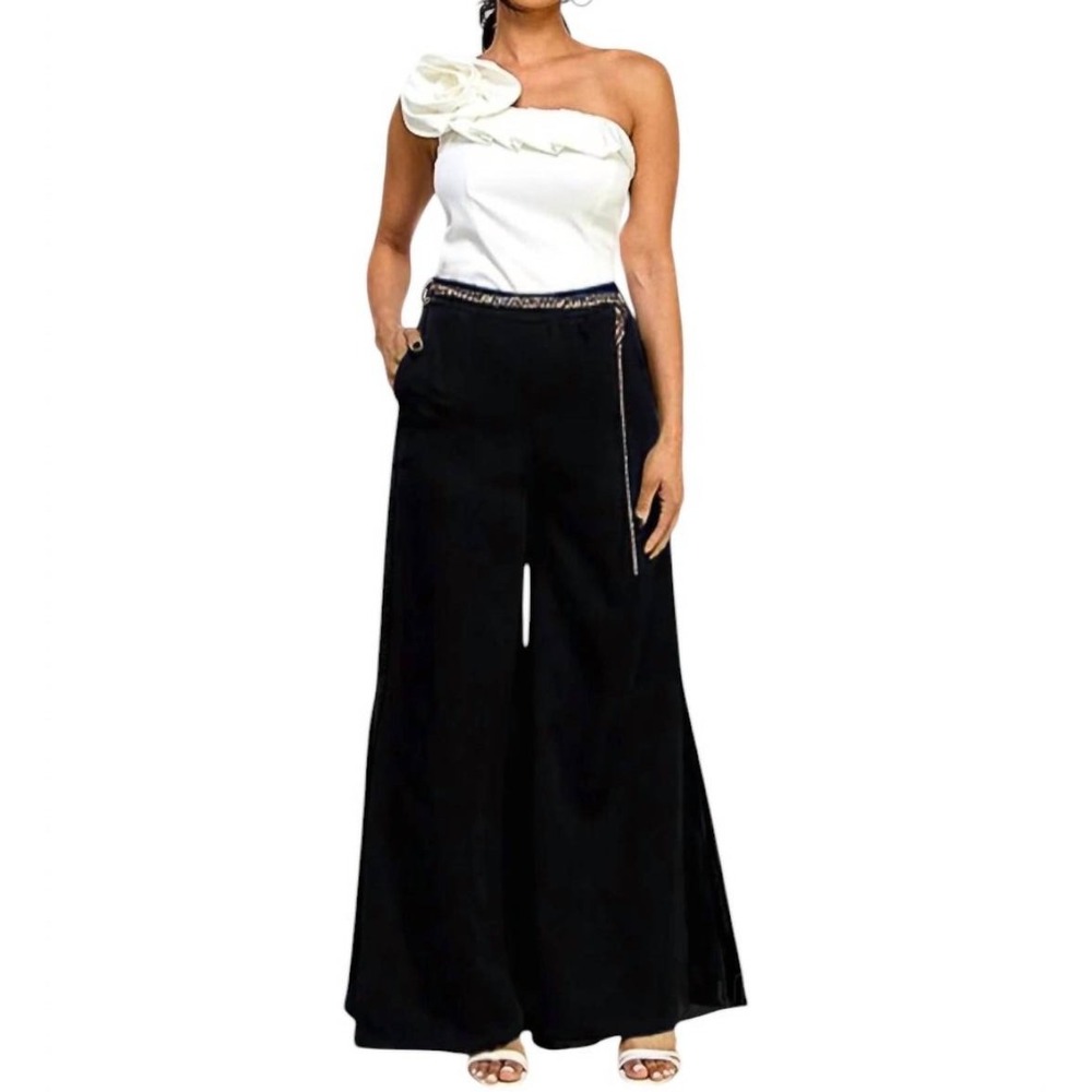 NWT Milk & Honey Charlie Side Slit Palazzo Pants Black Gold Chain Belt Small